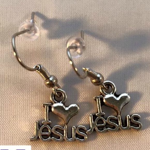 Silver I Love Jesus Earrings Hypoallergenic Hooks - Picture 2 of 3